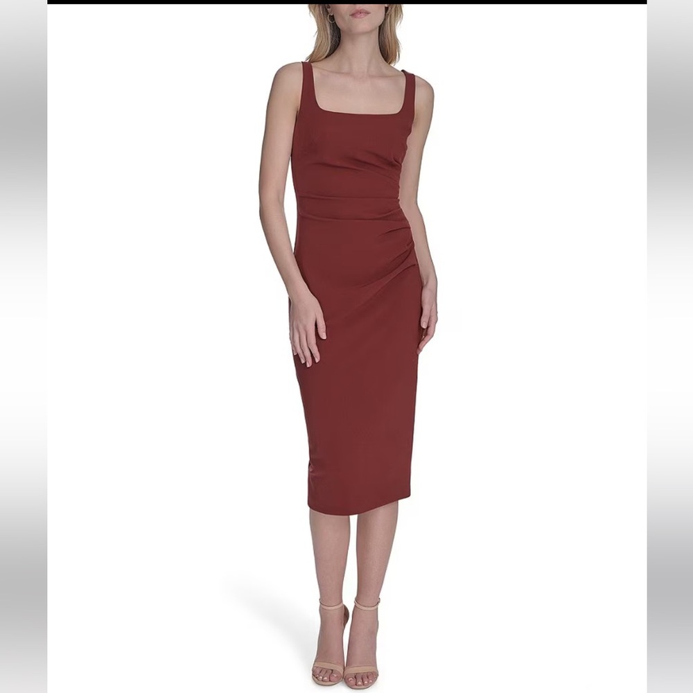 Vince Camuto square neckline sleeveless midi sheath dress